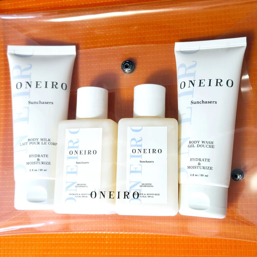 NEW 5 PC SET ONEIRO SUNCHASERS BODY WASH, BODY MILK, SHAMPOO & TOTE SPA SET